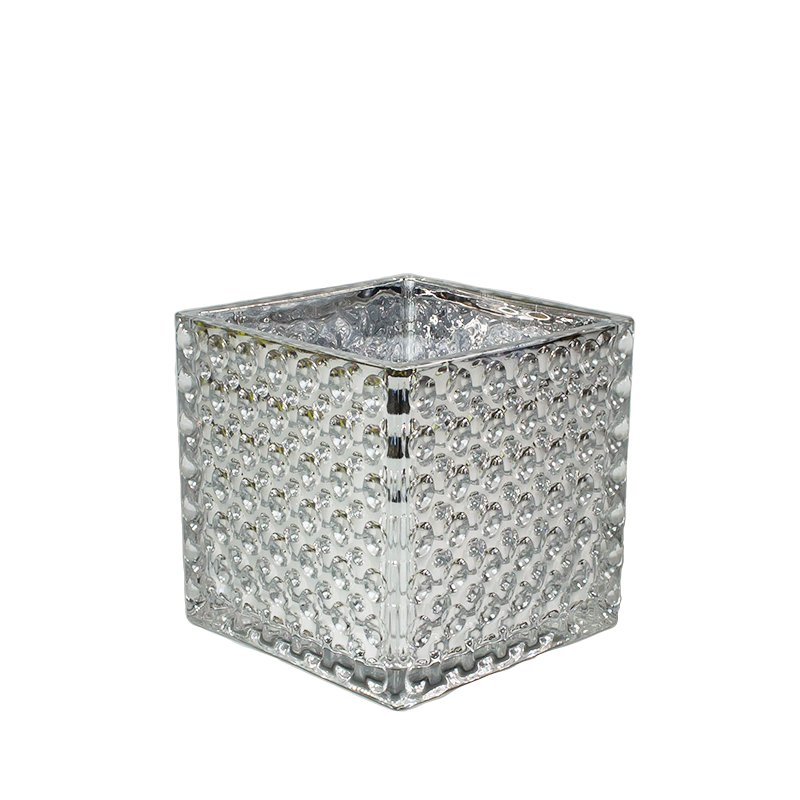 Square Silver Mirrored Glass Cube Vase Dimple Effect 6x6