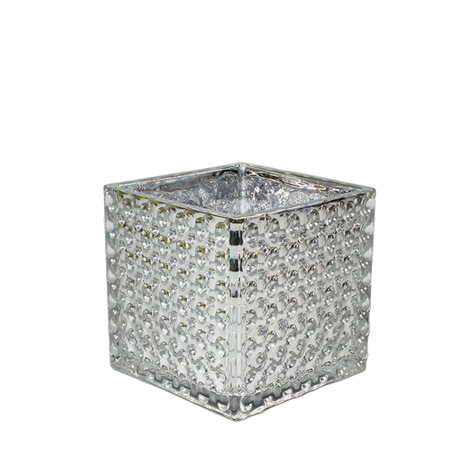 Square Silver Mirrored Glass Cube Vase Dimple Effect 6x6