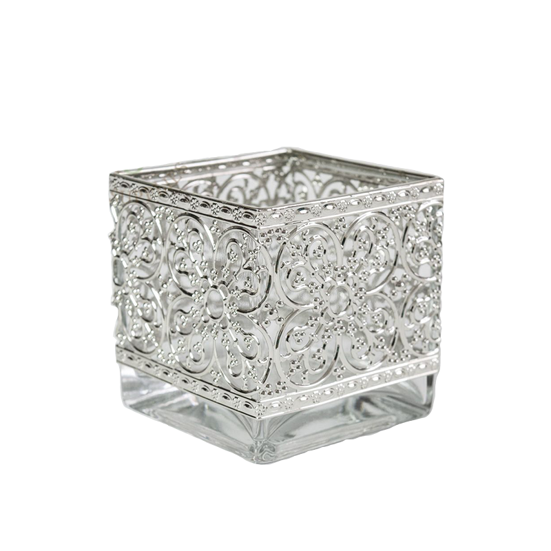 Square Glass Cube Vase with Metallic Silver Band 4-inch x 4-inch