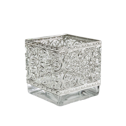 Square Glass Cube Vase with Metallic Silver Band 4-inch x 4-inch
