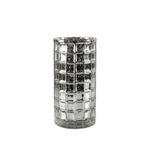Mirrored Mosaic Glass Cylinder Vase In Silver 10x5