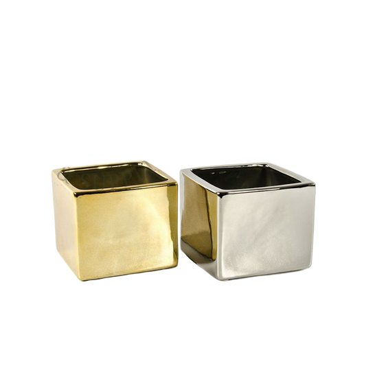 Shiny Silver and Shiny Gold Ceramic Square Vases 5" Tall