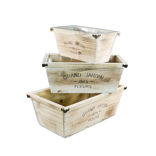 Rectangle Tapered Pine Wood flower pot Containers Set of 3