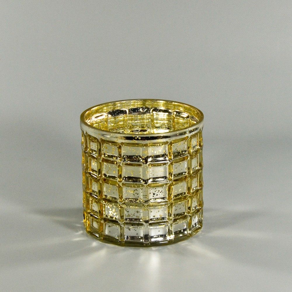 Silver and Gold Mercury Glass Mosaic Cylinder Vase 4.75x5