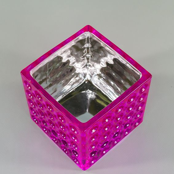 Square Pink Mirrored Glass Cube Vase Dimple Effect 4x4