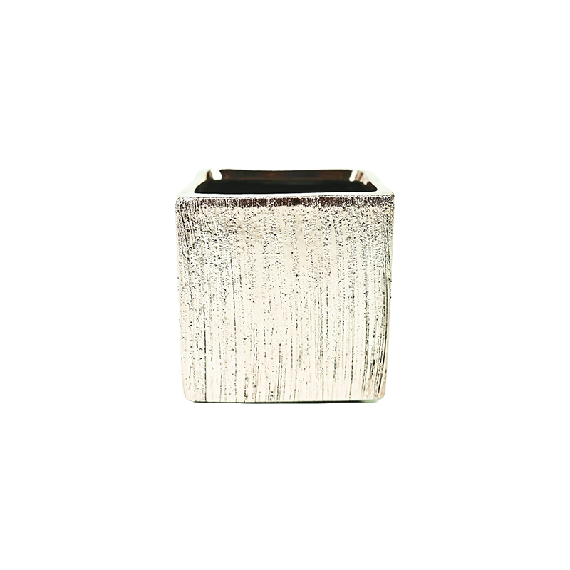 Etched Ceramic Cube Vase in Silver