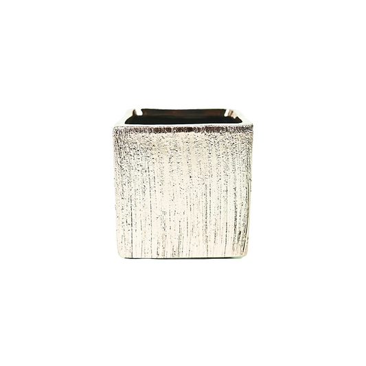 Etched Ceramic Cube Vase in Silver