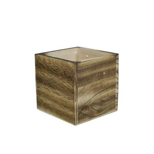 4.8" Square Cube Wood Vase in Brown