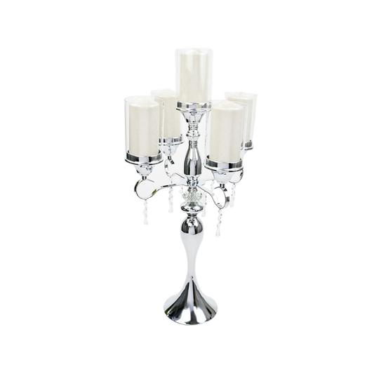 5 Arm Candelabra with Hurricane Glass, 30.5 inch Silver