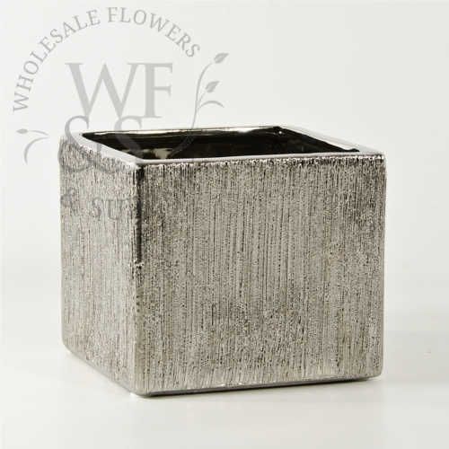 5 inch Etched Ceramic Vase Cube - Silver