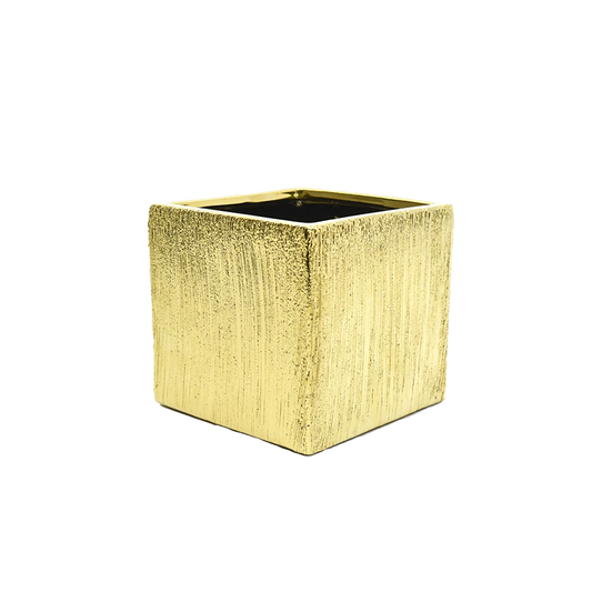 5 inch Etched Ceramic Vase Cube - Gold