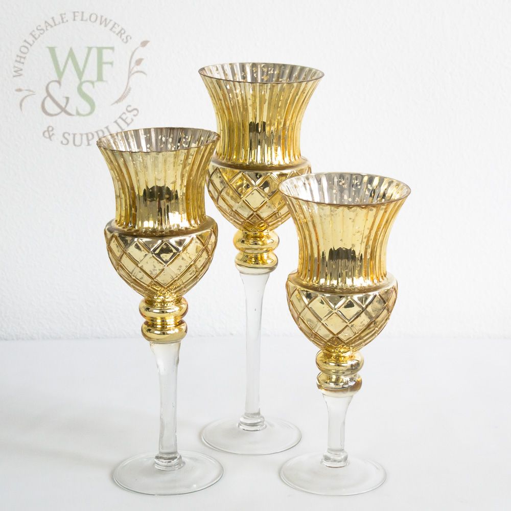 Set of 3 Gold Mercury Glass Vase / Candle holder On Stand