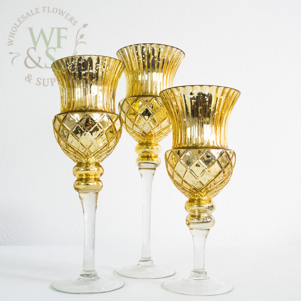 Set of 3 Gold Mercury Glass Vase / Candle holder On Stand
