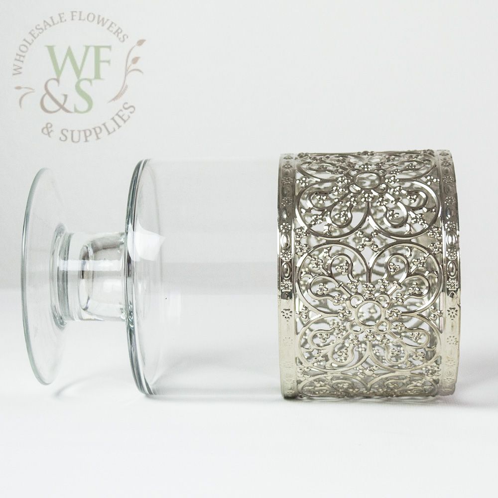 Cylinder Glass Vase with Metallic Silver Band 8.2" Tall