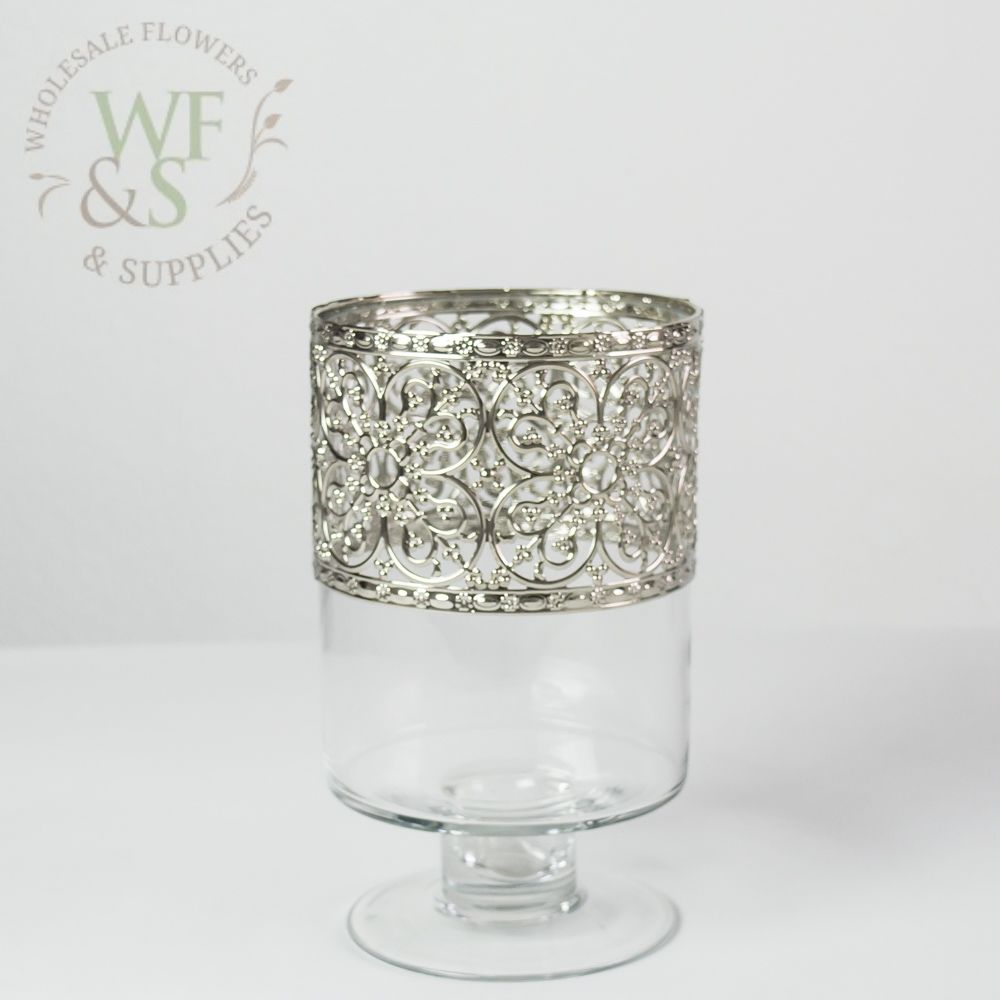 Cylinder Glass Vase with Metallic Silver Band 8.2" Tall