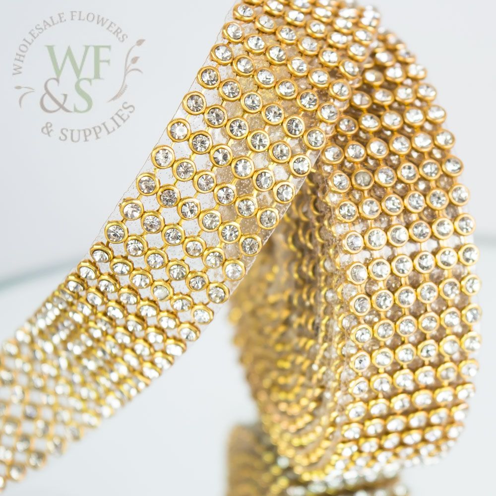 Gold Faux Diamond Decorative Rhinestone Ribbon 0.8" 2YDS