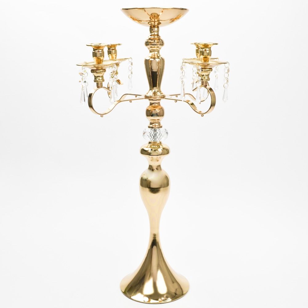 5 Arm Gold Candelabra with Crystal Accent - 25 inches