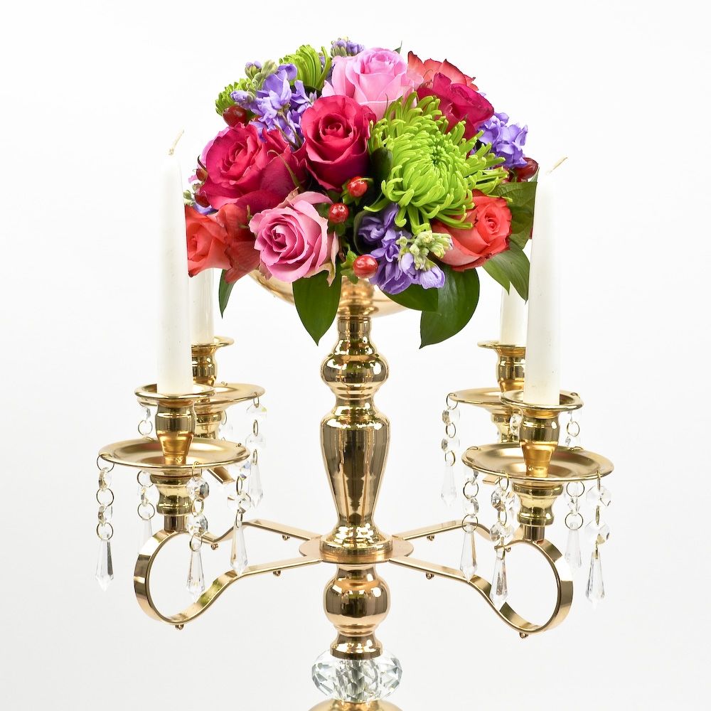 5 Arm Gold Candelabra with Crystal Accent - 25 inches