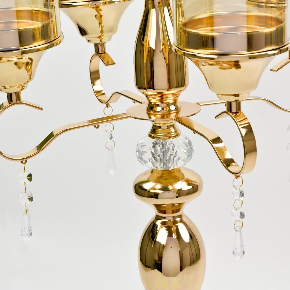 5 Arm Candelabra with Hurricane Glass, 30.5 inch Gold