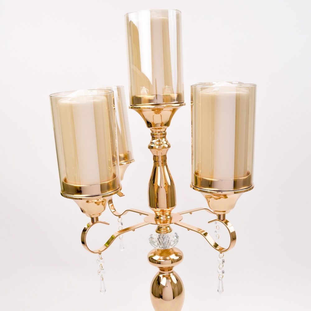 5 Arm Candelabra with Hurricane Glass, 30.5 inch Gold