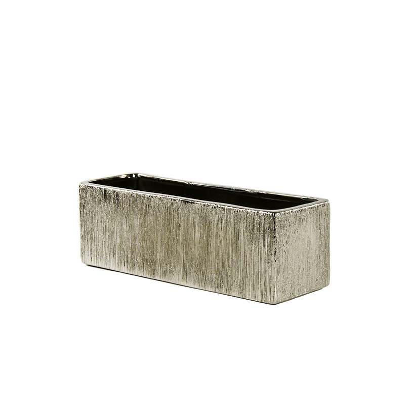 Low Etched Rectangle Ceramic Vase in Silver