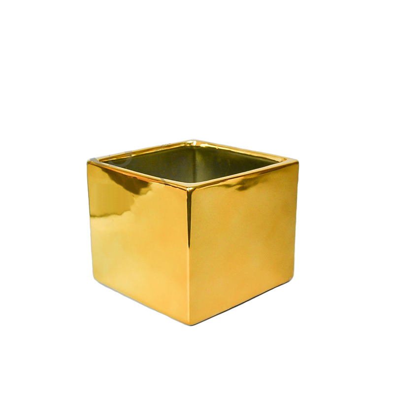 Shiny Gold Ceramic Square Vase 5" Tall
