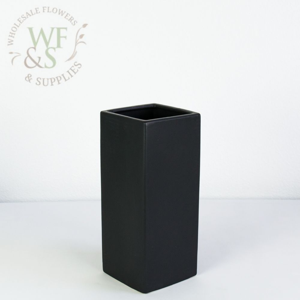 Modern Black Matte Ceramic Square Vase 12" Tall