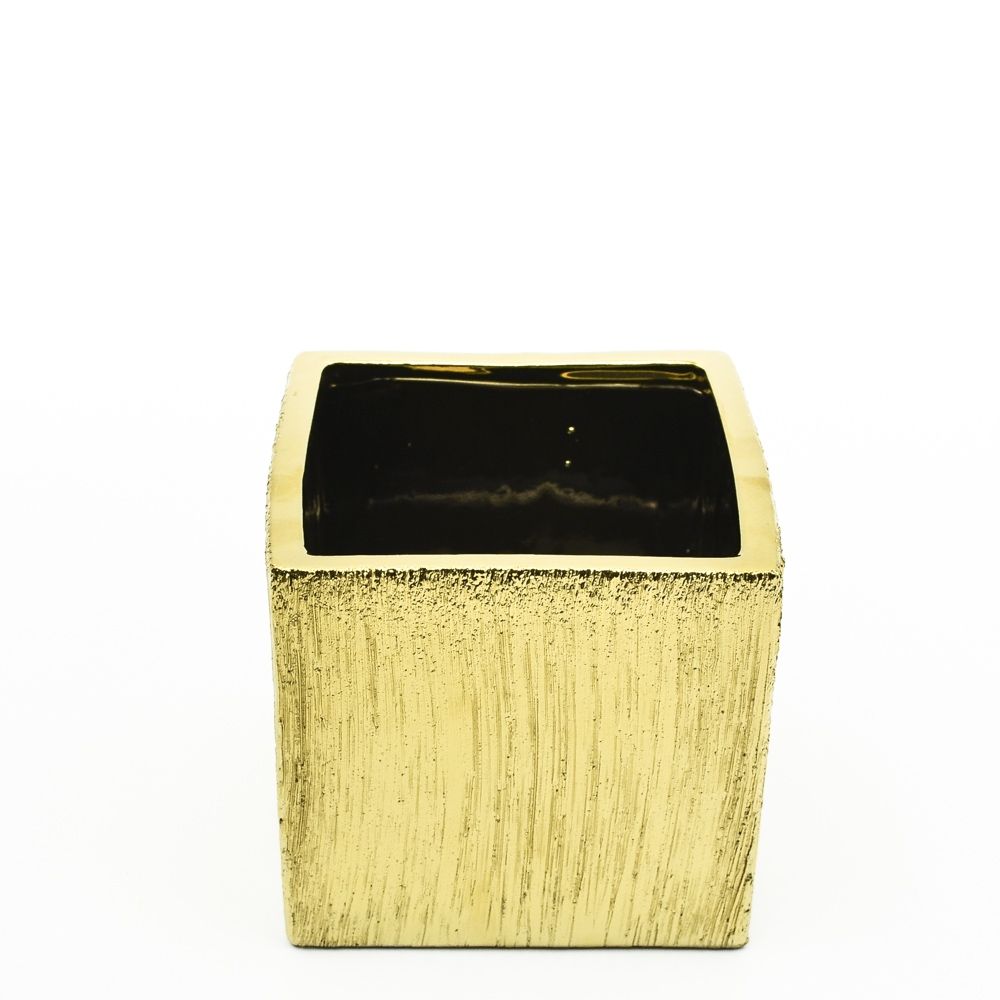 5 inch Etched Ceramic Vase Cube - Gold