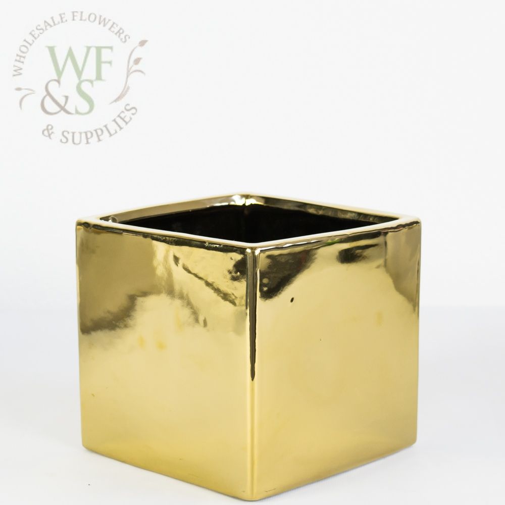 Metallic Gold Ceramic Square Vase 6"