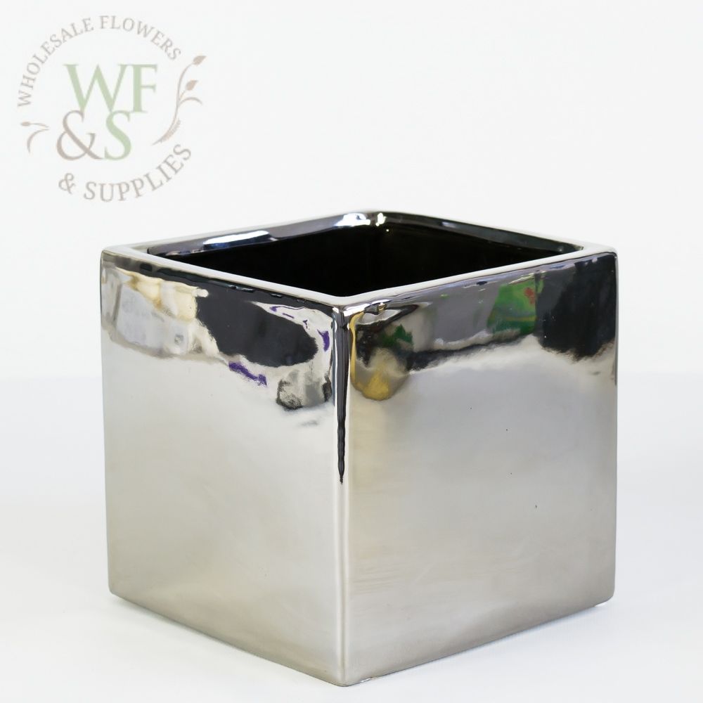 Metallic Silver Ceramic Square Vase 6"