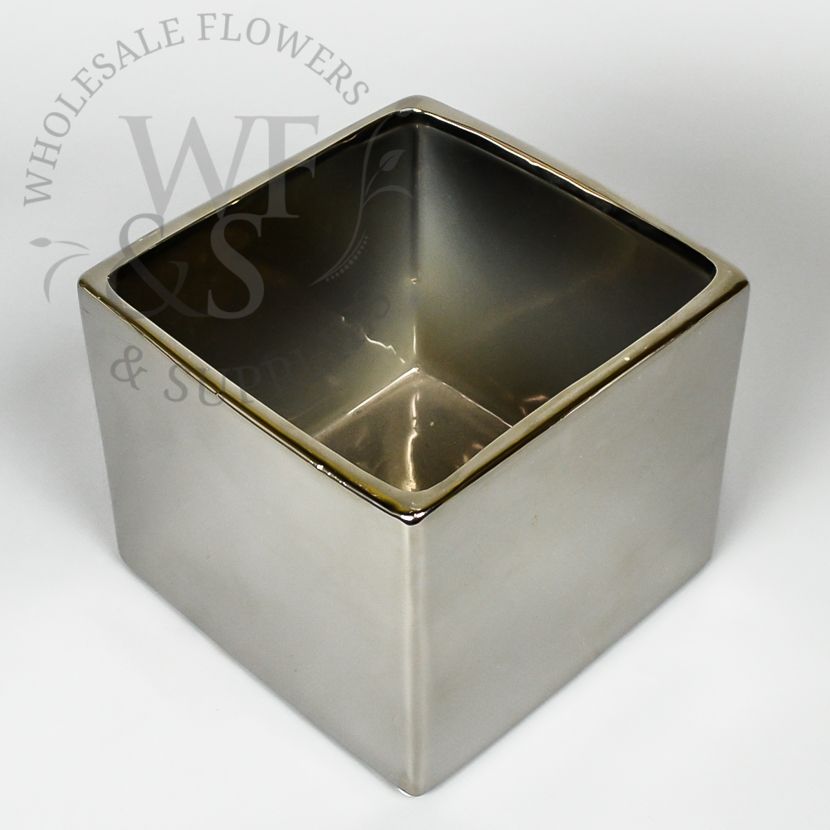 Shiny Silver Ceramic Square Vase 5" Tall