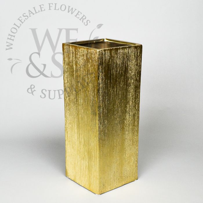 12" Tall Modern Ceramic Square Block Vase Gold Etched