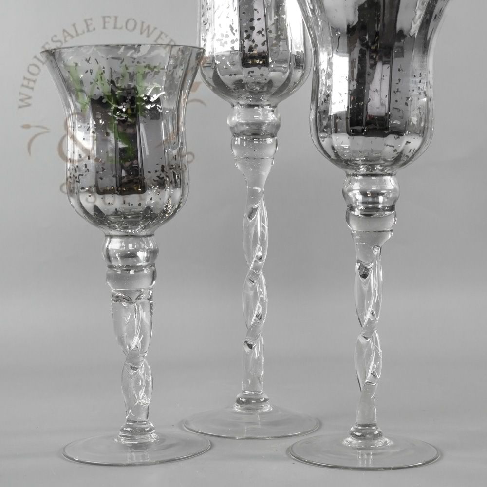 Set of 3 Silver Mercury Glass Vase / Candle holder Twisted Stand