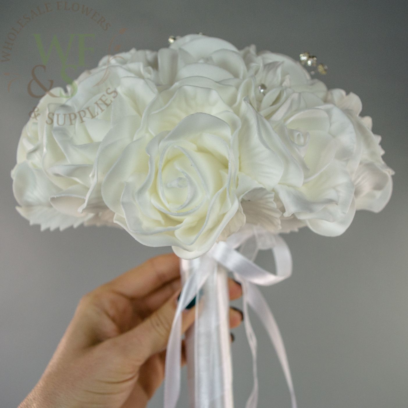 Wedding Bouquet White Roses Rhinestone Ornaments and White Pearls