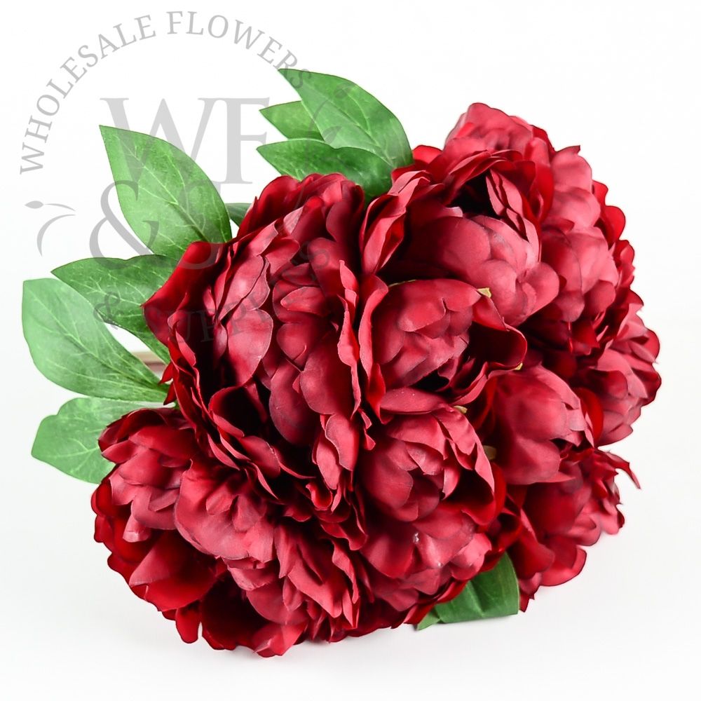 11 inches Synthetic Peony Bouquet Dark Red