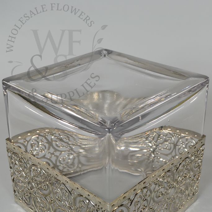 Square Glass Cube Vase with Metallic Silver Band 6x6