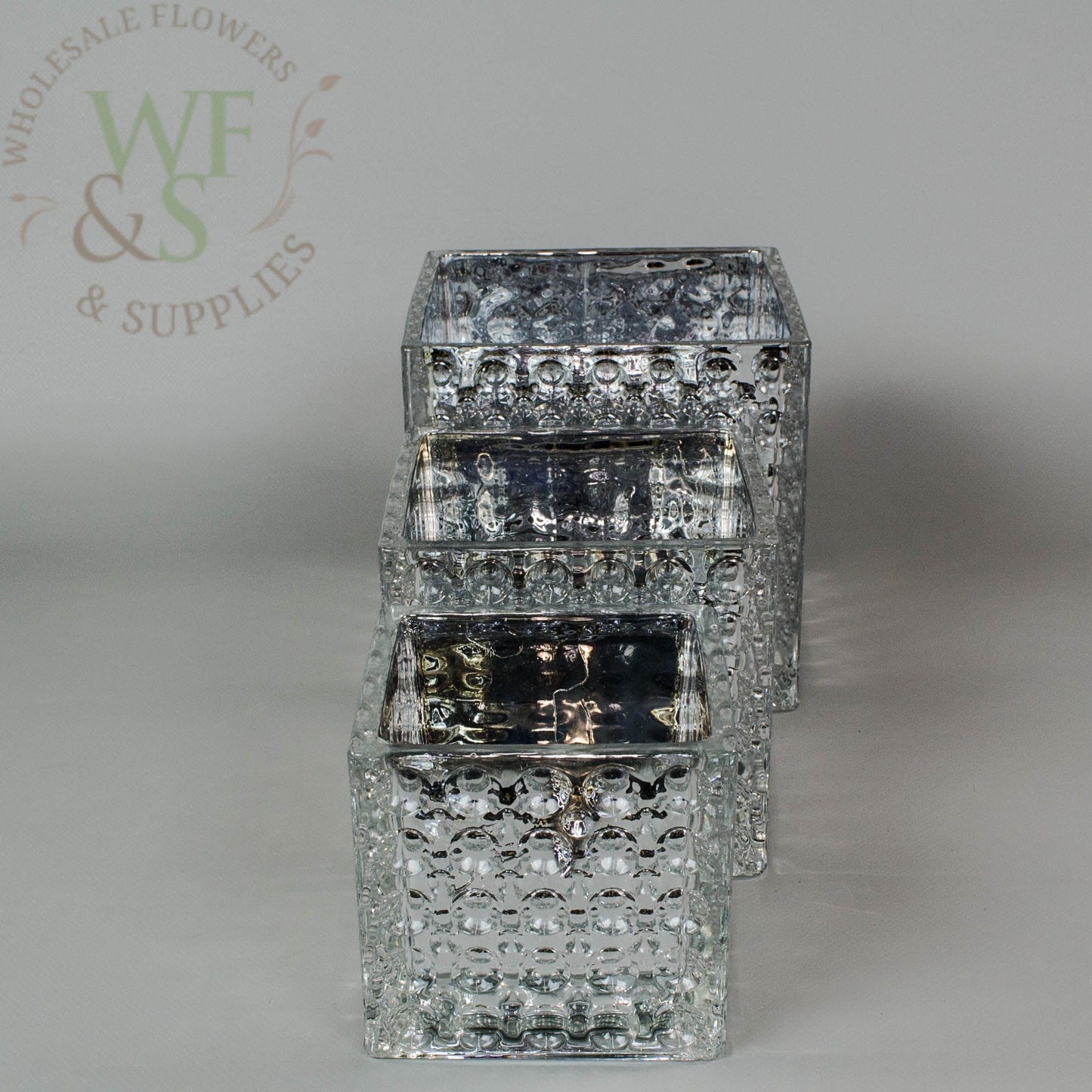 Square Silver Mirrored Glass Cube Vase Dimple Effect 5x5