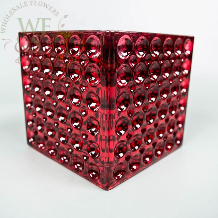 Square Red Mirrored Glass Cube Vase Dimple Effect 5x5
