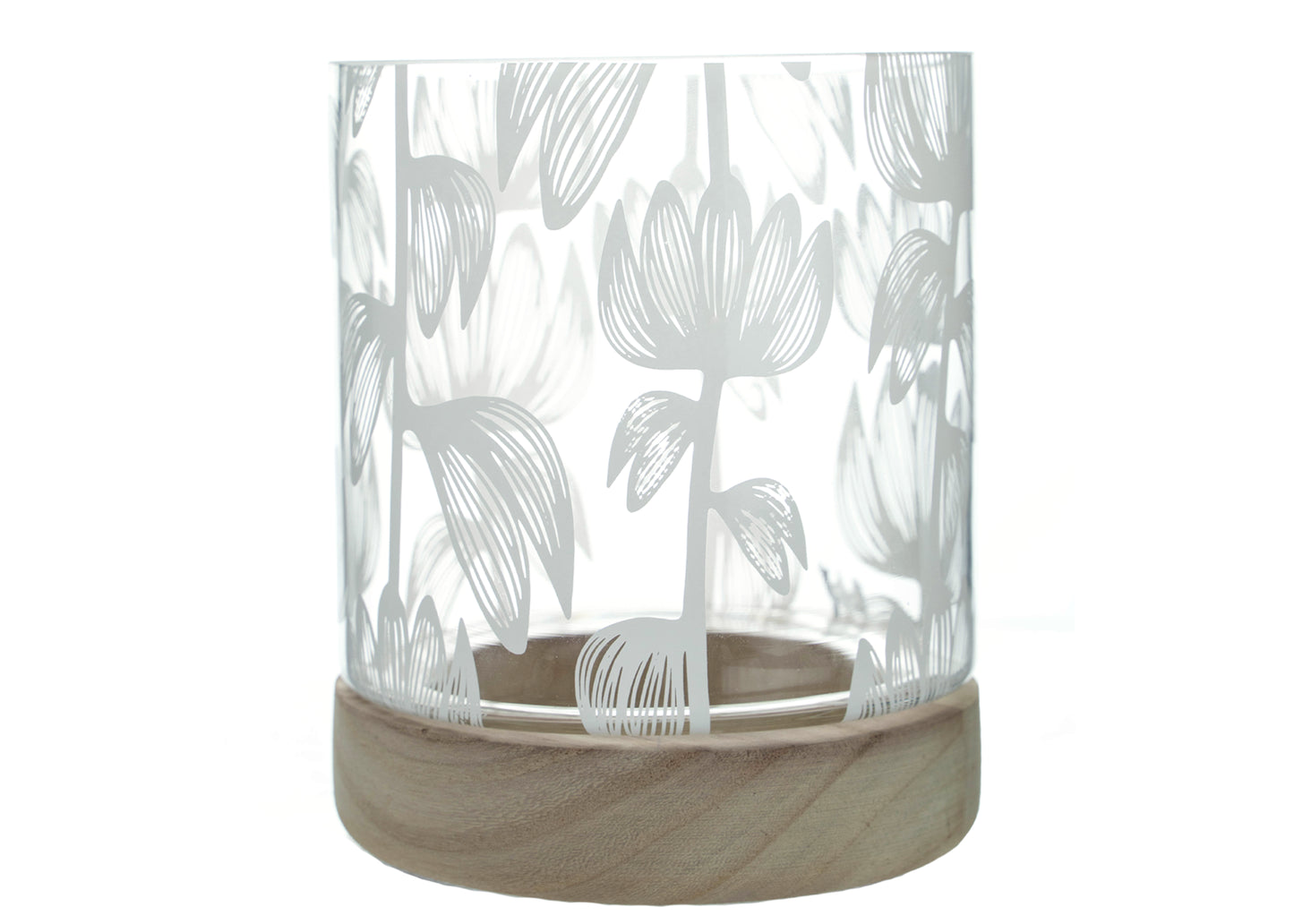 Glass vase w/ Tulip Print and wood base